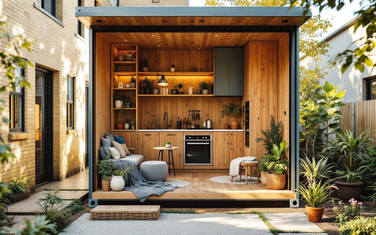 Int&eacute;rieur d'un studio am&eacute;nag&eacute; dans un conteneur maritime avec finitions en bois, espace salon cosy, kitchenette compacte, &eacute;tag&egrave;res int&eacute;gr&eacute;es et plantes, grandes baies laissant entrer une lumi&egrave;re naturelle douce, domin&eacute; par des tons bois&eacute;s avec touches de bleu et vert.