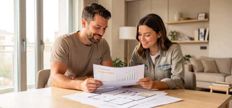 Comment anticiper le nouveau calcul du DPE avant un achat immobilier ? Un homme et une femme consultent ensemble un diagnostic énergétique et des plans d’appartement dans un intérieur lumineux avant un achat immobilier.