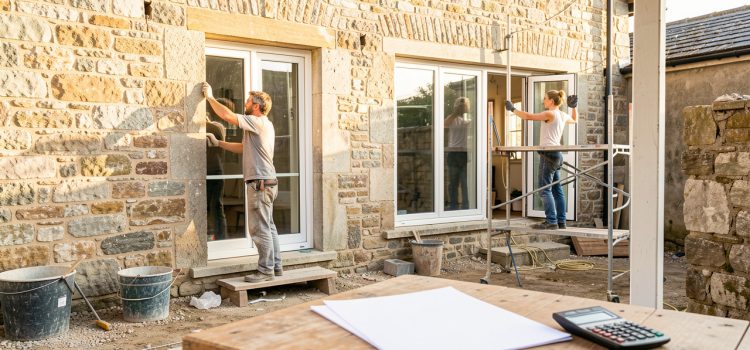 Maison ancienne en rénovation énergétique avec façade isolée, artisans installant des fenêtres performantes et papiers vierges posés sur une table.