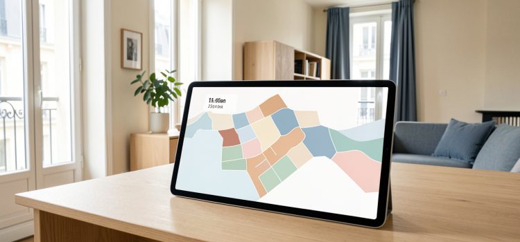 Quels outils d’intelligence artificielle choisir pour estimer un bien immobilier ? Appartement français lumineux avec une tablette présentant une carte abstraite des prix immobiliers et des graphiques sobres dans une ambiance professionnelle.