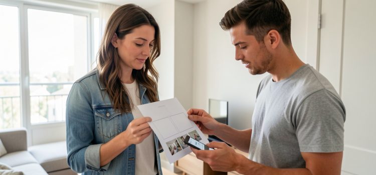 Une bailleuse et un locataire examinent ensemble l’état d’un appartement lumineux, avec un document papier et un smartphone affichant des photos du logement.