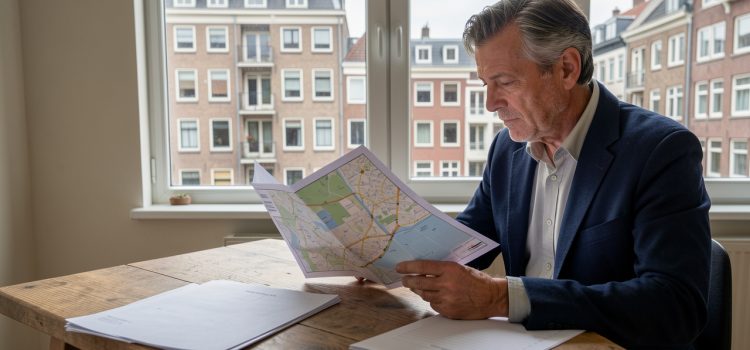 Un homme français consulte un plan de Bruxelles et des documents immobiliers vierges sur une table, avec des immeubles résidentiels bruxellois en arrière-plan.
