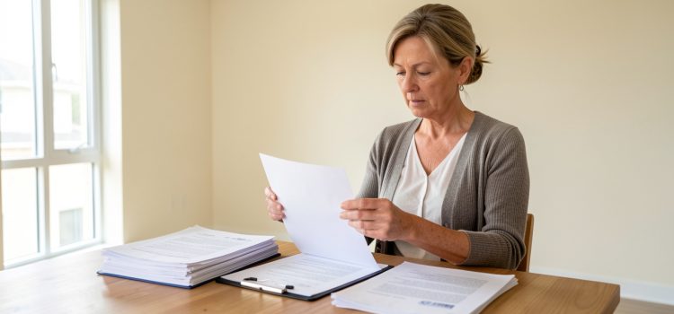 Comment fonctionne la taxe sur les logements vacants pour les propriétaires ? Une propriétaire consulte des documents administratifs vierges sur une table en bois dans un appartement vide et lumineux.
