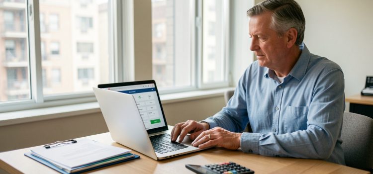 Un homme propriétaire consulte un ordinateur avec une interface de calcul de loyer, tandis qu’un dossier de location et une calculatrice sont posés sur une table dans un appartement urbain lumineux.