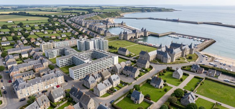 Quelles villes choisir en Bretagne entre Rennes, Brest et Saint-Malo en 2026 ? Vue aérienne réaliste réunissant Rennes, Brest et Saint-Malo dans une composition immobilière bretonne avec maisons, immeubles, quartiers urbains, architecture en pierre et paysages côtiers baignés de lumière naturelle.