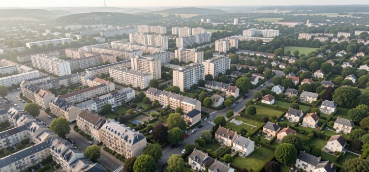 Quelles communes choisir pour acheter en Île-de-France selon les prix immobiliers ? Vue aérienne réaliste de quartiers résidentiels franciliens, avec des immeubles denses près de Paris et des maisons entourées de jardins en grande couronne, baignés par une lumière douce.