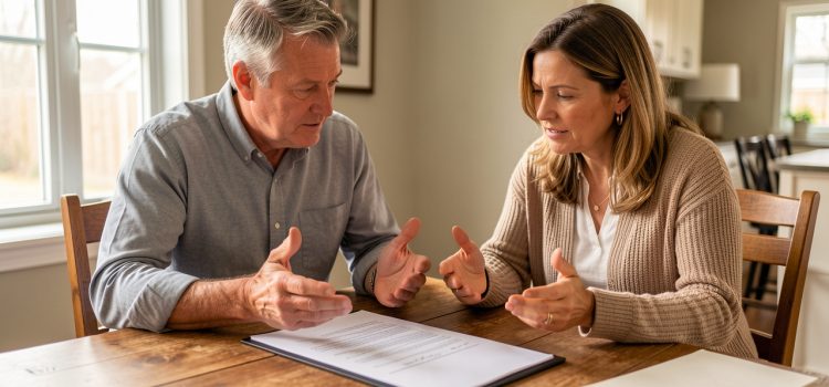 Comment financer des travaux contre une part de son logement ? Un couple de propriétaires examine des documents administratifs et des devis de rénovation autour d’une table, avec leur maison visible en arrière-plan.