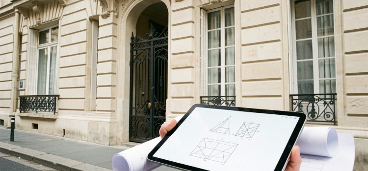 Façade en pierre d’un ancien hôtel particulier français avec portail ouvragé, tablette et plans vierges disposés pour un diagnostic immobilier à la lumière naturelle.