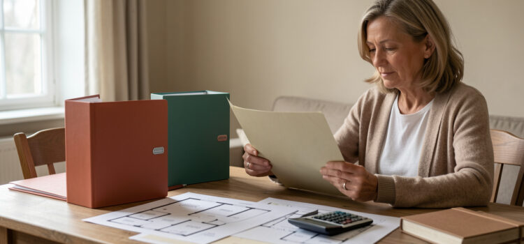 Propriétaire examinant trois dossiers immobiliers colorés, une calculatrice et des plans d’appartement sur une table.