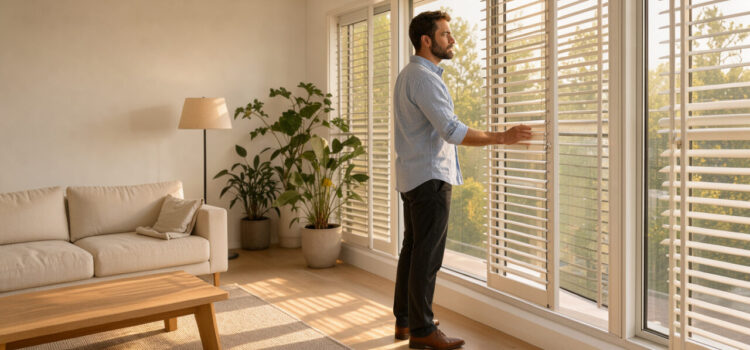 Un homme visite un appartement lumineux en été et observe les grandes fenêtres, les volets ouverts et la lumière chaude du soleil de fin d’après-midi.